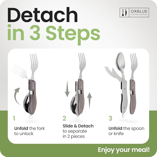 Orblue 4-in-1 Camping Utensils, 2-Pack - Portable Stainless Steel Spoon, Fork, Knife & Bottle Opener Combo Set - Travel, Backpacking Cutlery Multitool, Gray - color: 2-PACK Modern Gray