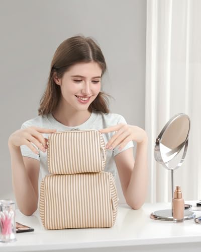 Narwey Small Makeup Bag for Purse, Travel Mini Cosmetic Bag for Women Girls - color: A-Brown Stripe, style: Small
