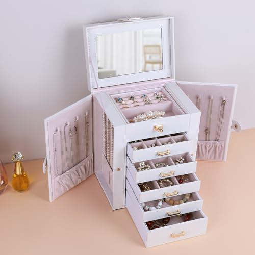 Kendal Jewelry Box, 6-Layer Jewelry Storage Organizer for Necklace Bracelet Rings Watch, 10.2"x8.2"x6" Classic PU Leather 5 Drawers Large Storage Capacity with Mirror - color: White, size: Medium(10.2"x8.2"x6")