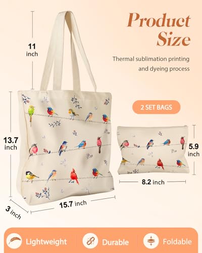 Miss Adola Canvas Tote Bag with Matching Makeup Pouch - color: Watercolor Bird