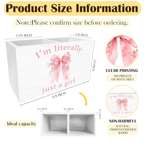 Pink Rose Coquette Bow Pen Holder for Desk, Preppy Girly Bow Pencil Organizer, I'm Literally Just a Girl Wooden Box Sign Desk Decor for Girls Bedroom Dorm Home Office Decoration - color: ROSE BOW