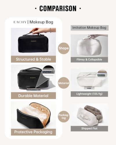 EACHY Travel Makeup Bag for Women, PU Leather Cosmetic Bag, Black, Medium - color: A - Black, size: Medium