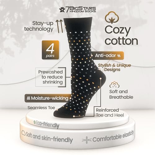7BIGSTARS Women Cotton Crew Socks, Patterned 4 Pack, M 5-9 - L 8-12 - color: 01a - Black Assortment (A29), size: 8-12