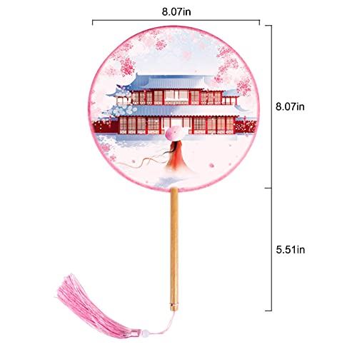 BAOZOON 2 Pcs Silky Translucent Ancient Round Fan Classic Silk Hand Held Fan Floral Pattern Palace Paddle Dance Fan with Tassel Wooden Handle Wedding Favor Gift Home Decor(Color#5) - color: Color#5