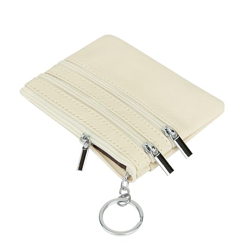 Women Genuine Leather Coin Purse Keychain Change Purse - color: Beige