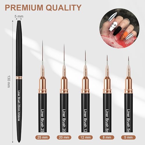 Artdone Metallic Nail Art Pens, Liner Brushes Set, 5PCS Black Nail Tools - color: Black Liner Brush Set