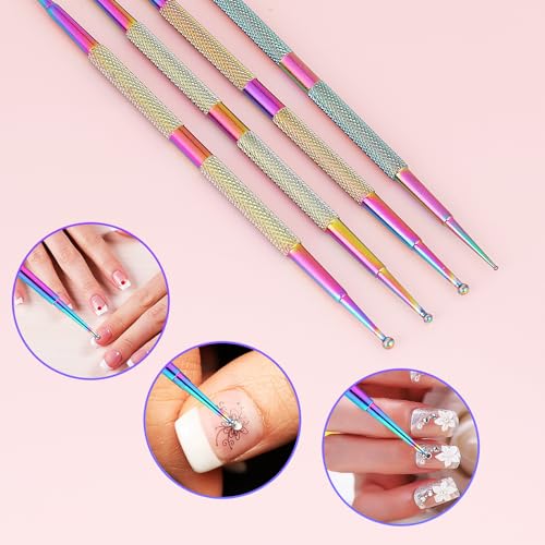 Jeffdad Nail Dotting Tool, 4 Pcs Professional Double-ended Nail Art Tools with Box, Dot Pen Metal Dot pen Nail Polish Paint Pen Dot Diamond Pattern Stainless Steel Dotting Tools Nail art(color) - color: color