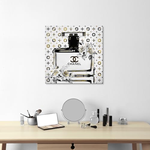 summer melody Chic Perfume Bottles Floral Canvas Wall Art 24x24Inch - color: Black&White, size: 24L" x 24W"