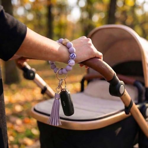 BIHRTC Key Ring Bracelet Car Keychain Holder Wristlet Silicone Women Beaded Bangle Chains - color: Purple Demon Eye