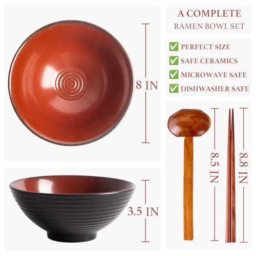 40oz Japanese Ceramic Ramen Bowl Set of 2 with Chopsticks and Spoons for Pho Udon Asian Soup Noodles (Red) - color: Red