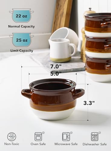 LE TAUCI Ceramic French Onion Soup Bowls with Handles, 22 OZ, Set of 4 - size: 22 OZ