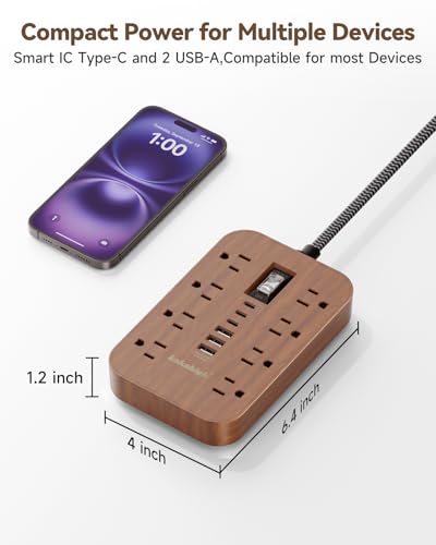 Walnut Power Strip with USB Ports - 5 FT - color: Brown, size: 5FT