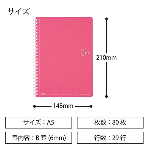 KOKUYO Spiral Lined Notebook, 8.3'' x 5.8'' Pastel Journal A5 Soft Ring Notebooks with Dot 6 mm Ruled, 80 Sheets, Light Pink 1 Subject Notebook, Note Taking for School (SU-SV338BT-LP) - color: Light Pink, size: A5