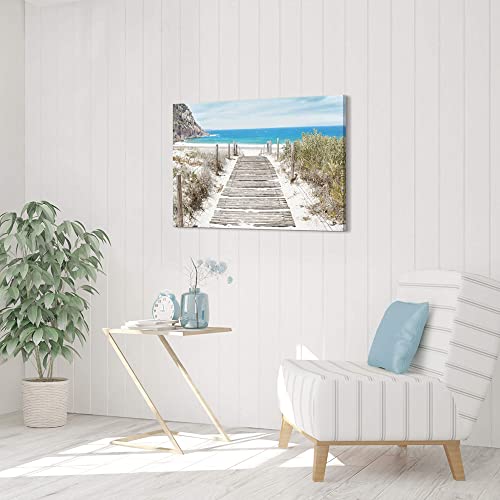 Beach Canvas Wall Art Bedroom: Modern Large Ocean Scene Seascape Picture Decor Scenic Coastal Boardwalk Blue Sea Artwork Contemporary Panoramic Seaside Wave Nature Landscape Prints for Home Living - color: Boardwalk, size: 36"L x 24"W