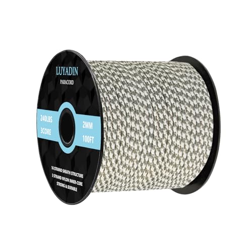 Paracord 240lb - Diameter 2mm Micro Utility Cord -3 Strand Parachute Spool Cord - 100ft 200ft,Paracord for Camping,Hiking,Fishing,Outdoor and DIY - color: Grey White Camo, size: 100 ft