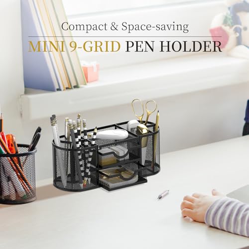 SUPEASY Mesh Desk Organizer, Pen Holder for Desk with 2 Drawers, Black - color: Obsidian Black