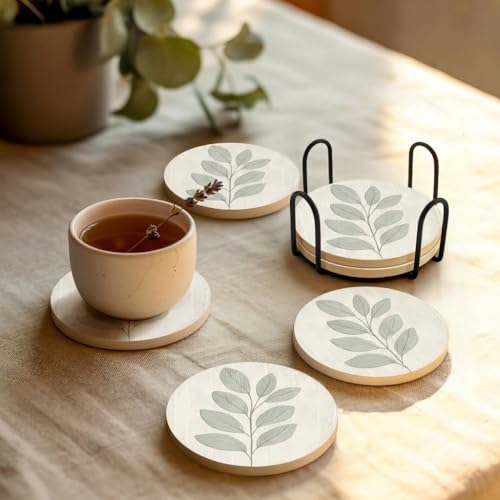 VEYRO Ceramic Coasters Set of 6 or 4 – Absorbent Stone Drink Coasters with Holder, Non-Slip Cork Backing, Modern Marble Look Coasters for Coffee Table, Desk & Home Decor (Leaves 3, Set of 4) - color: Leaves 3, size: Set of 4