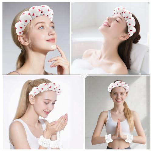Zkptops Spa Headband for Washing Face Wristband Set Sponge Makeup Skincare Velvet Fabric Bubble Soft Get Ready Hairbands for Women Puffy Headwear Non Slip Thick Thin Hair Accessory (Red Heart) - color: ZYC Red Heart