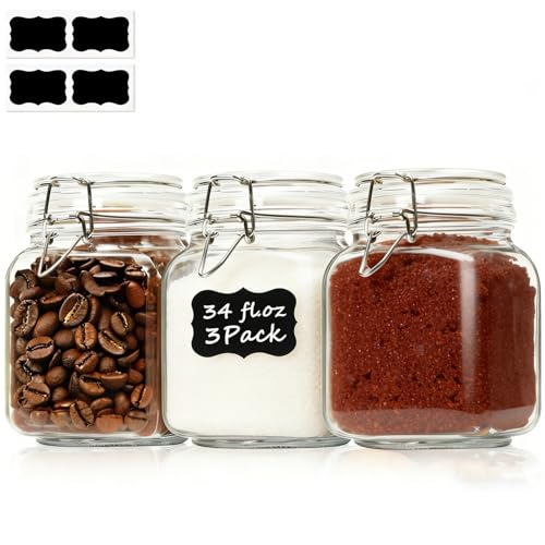 ComSaf Square Glass Pantry Jars with Airtight Lids 34 oz 3 Pack Coffee - size: 34 fl oz x 3
