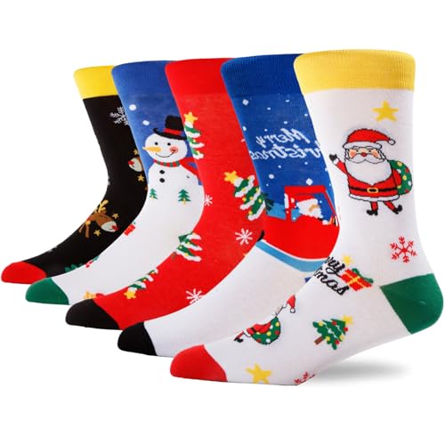 Colorful Funny Novelty Dress Socks for Men Women Teens Fathers Day Casual Fun Crazy Funky Graphic Crew Socks - color: 5 Pairs - Christmas Themed - Santa Claus & Christmas Tree & Gift & Snowman & Reindeer & Snowflake & Christmas Patterns Socks, size: 6-12