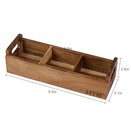 HTB Acacia Wood Small Tea Bag Box with 3 Compartments for Counter Drawer - color: Acaica Wood 1PCS