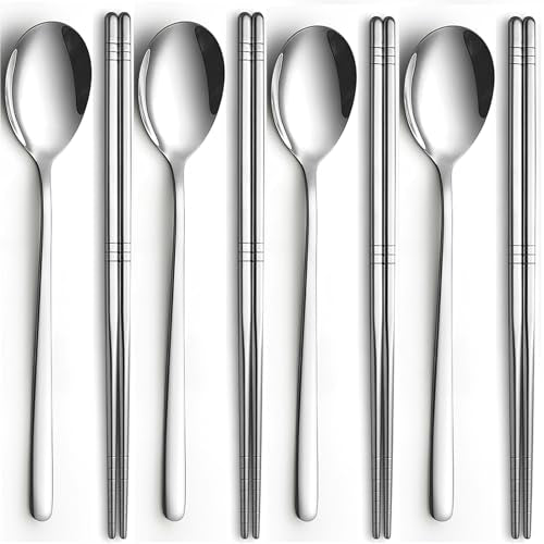 4 Set Korean Chopsticks and Spoons, Stainless Steel Metal Set, Reusable Flat Long Handle Set for Home, Kitchen or Restaurant - color: 4 chopsticks and 4 spoons set
