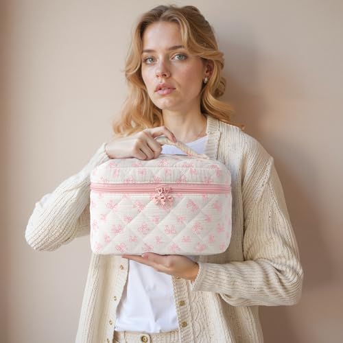 HBselect Quilted Makeup Bag, 3Pcs Cotton Large Travel Makeup Bags Organizer - color: A-3PCS-Floral 18