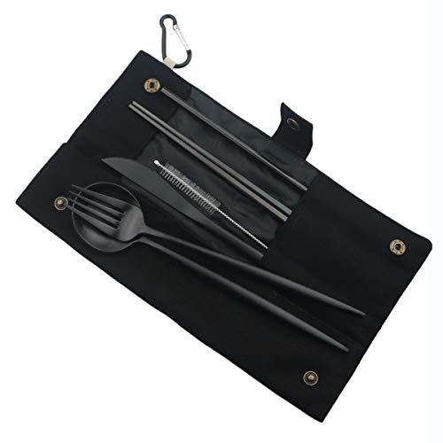 Luxury Black Matte Portable 18/10 Stainless Steel Travel Flatware Sets of 7 Portable Camping Cutlery Set, Healthy & Eco-Friendly Flatware Set with Carrying Case for Travel or Camping - color: Black, size: Black Pouch