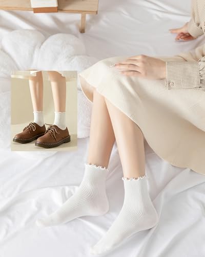 DQCUTE Women's Ruffled Ankle Cotton Crew Socks, 6 Pairs - color: 2 Light Purple + 2 Grayish Purple + 2 White (6 Pairs)