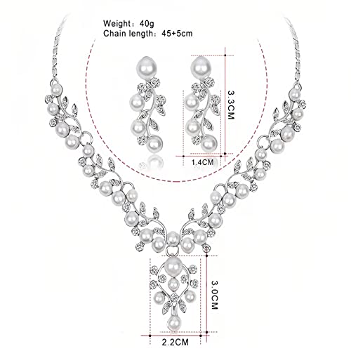 Pearl Bride Wedding Jewelry Set Faux Pearls Crystal Rhinestone Necklace Earrings Bracelet Sets for Women Bridesmaid(3 PCS) - color: Silver - Pearl B
