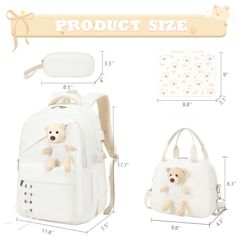 ACESAK 4PCS Backpack for Girls with Leakproof Bento Box (White) - color: Beige