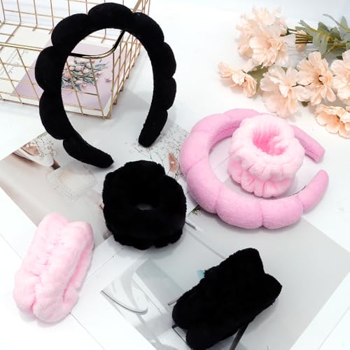 SPA Headbands for Washing Face Makeup Headbands with Bow Hair Band Women Facial Head Band Wrist Towel Wraps For Shower Face Mask Black Pink, 6 Pack - color: Black Pink