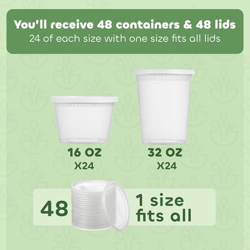 48 Sets Plastic Food Storage Deli Containers w/ Lids 16oz Pint & 32oz Quart - size: 48 Sets (2 Sizes: 16 & 32 oz)