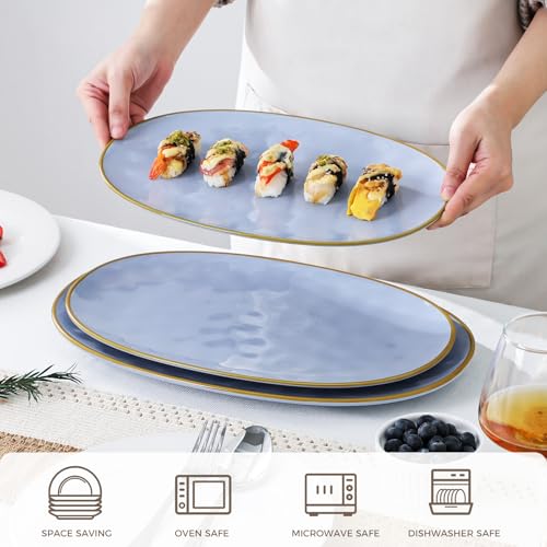 Ceramic Oval Serving Platter: 15.6/14.3/12.9 Inch Large Serving Dishes for Entertaining Party, Turkey, Steak, Ham, Microwave Dishwasher Safe, Blue - color: Blue, size: Oval