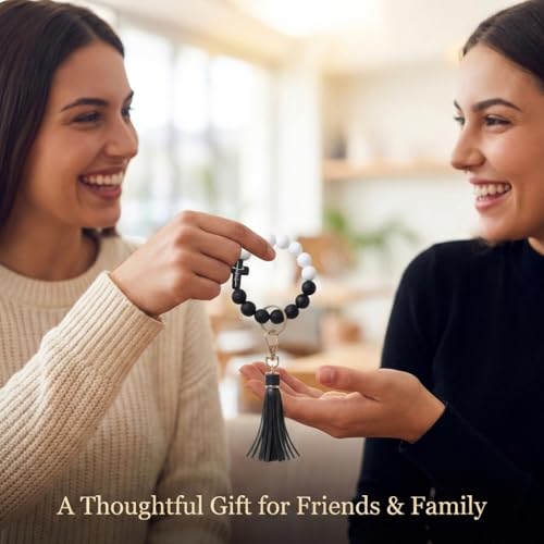 BIHRTC Key Ring Bracelet Car Keychain Holder Wristlet Silicone Women Beaded Bangle Chains - color: Cross
