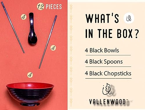 4 Ramen Bowls, 12 pieces Pho set. Red Black Ramen Bowl Set. Unbreakable Melamine. Asian Japanese soup. Spoons And Chopsticks kit. . XL 37 oz. Noodles, Rice, Udon, Thai, Chinese, Korean, Wonton, Miso - color: Red Black x4