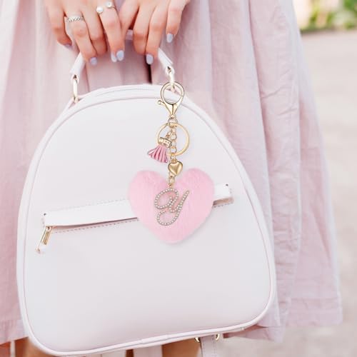 Initial Letter Heart Pom Pom Keychain for Women Pink Soft Fluffy Ball Key Ring for Purse Backpack Handbag - color: Y