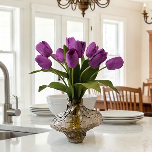 10 Stems 14 Inch Tulips Artificial Flowers Realistic Faux Flowers - color: Purple