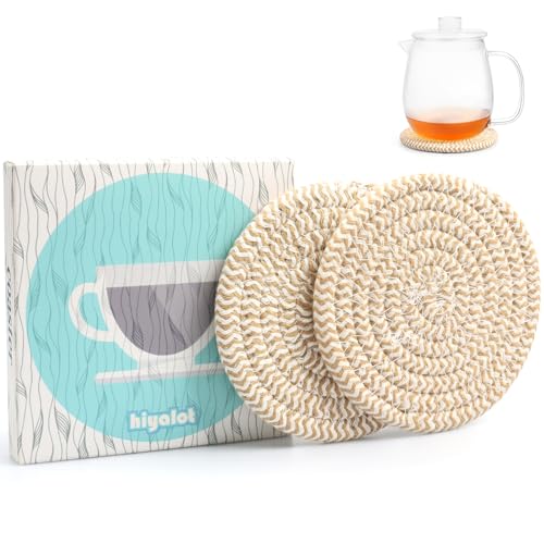 4.8" Drink Cotton Coasters Set of 2 - Boho Woven Drink Pads for Coffee & Tea, Neutral Sandstone Blend Fabric Cup Mats for Desk, Table, Nightstand, Dorm, Giftable Absorbent Coaster Set (Latte) - color: Latte