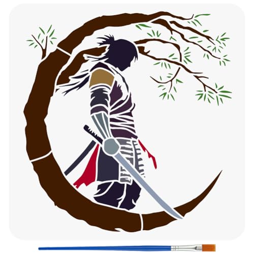 FINGERINSPIRE Samurai of The East Painting Stencil with Brush 11.8x11.8inch Plastic PET Katana Tree Pattern Drawing Template Decorative Hollowed Oriental Theme Stencil for Painting on Wood Canvas - style: Samurai of the East