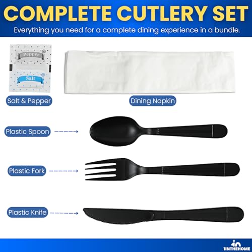 Cutlery Set Disposable Packet, Plastic Individually Wrapped Utensils Set – Knife, Fork, Teaspoon, Napkin, Salt & Pepper for (Parties, Dinners, Catering Services, Takeout) Black, 50 Pack