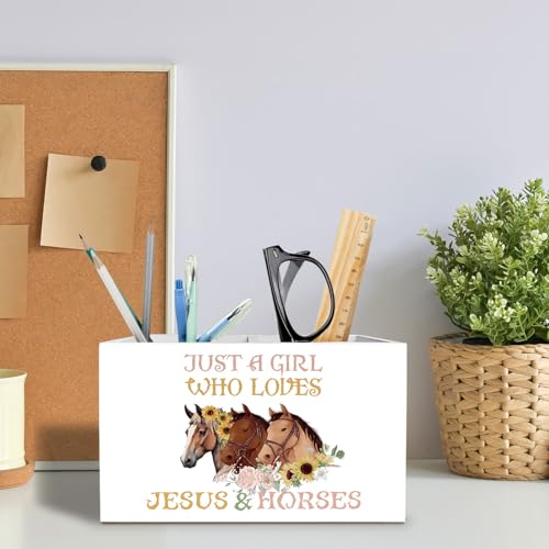 Floral Horse Christian Pen Holder for Desk, Horse Lover Gifts Pencil Organizer, Just a Girl Who Loves Jesus and Horses Wooden Box Sign Desk Decor for Girls Room Home Decoration - color: FLORAL HORSE
