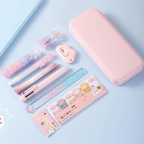 MOZXIRZ 9 Pcs Cute Pink Stationery Set Cat Paw School Supplies Kawaii Office Supplies Including Pens Pencil Sharpener Highlighter Eraser Correction Tape Ruler Utility Knife (Cat Paw-Pink) - color: Cat Paw-Pink