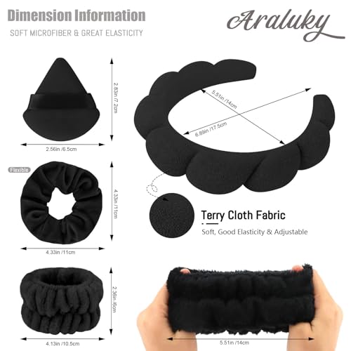 7Pc Headband and Wristband Set for Skincare, Face Washing, Makeup Removal - Includes Terry Cloth Headbands, Facial Sponges, and Powder Puffs in Black - color: Black