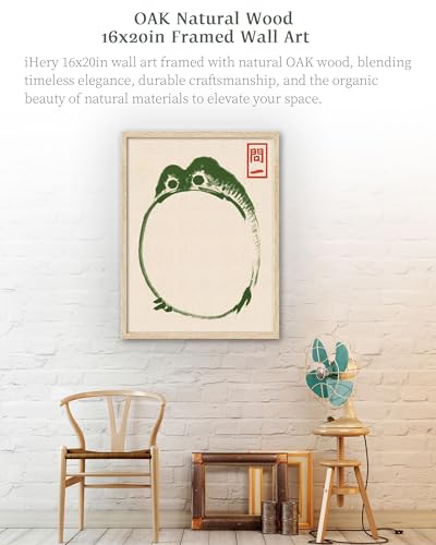 iHery 16x20in Natural OAK Wood Framed Japanese Lucky Frog Wall Art - color: Oak Wood Framed Matsumoto Hoji's Frog, size: 20"L x 16"W