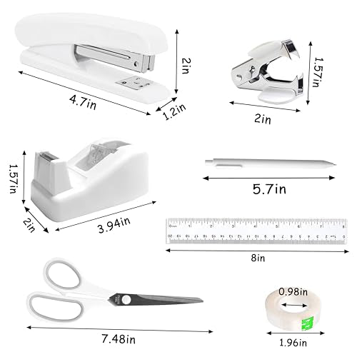 Dimonluce Office Desk Accessories, White Office Supplies Accessories with Tape Dispenser, Stapler, Staple Remover, 1000 Staples, Tape, Clips Set, Ruler, Scissor, Pen - color: White