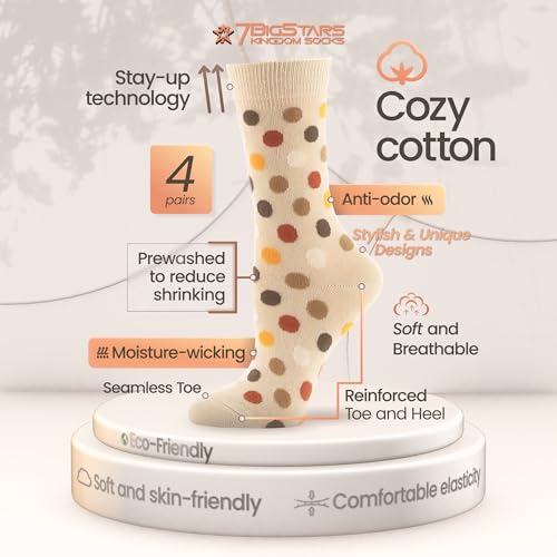 7BIGSTARS Women Cotton Crew Socks, Patterned 4 Pack, M 5-9 - L 8-12 - color: 01e - Light Beige Assortment (A29), size: 8-12