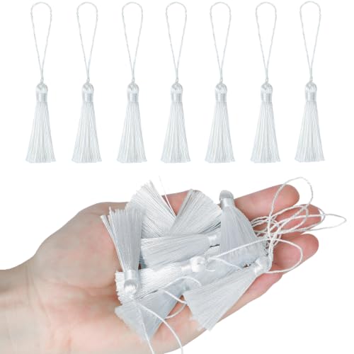 48Pcs Mini Bookmark Tassels Handmade Keychain Silky Tassel - color: 36# Whiten