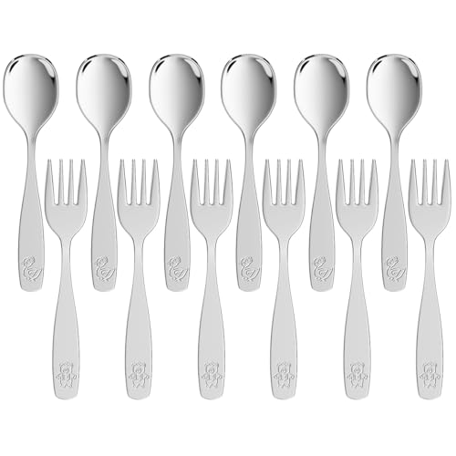 12 Pieces Toddler Utensils, Kids Stainless Steel Silverware Set - 6pcs Forks and 6pcs Spoon, Cute Children Flatware Sets with Mirror Polished, Self Feeding Safe, Dishwasher Safe - color: 12 Pieces Set