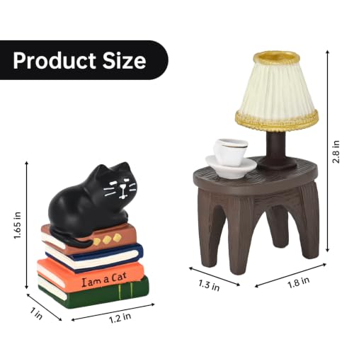 RAQWI Black Cat on Books Figurine with Lamp Table, Resin Desk Decor - color: Bookworm